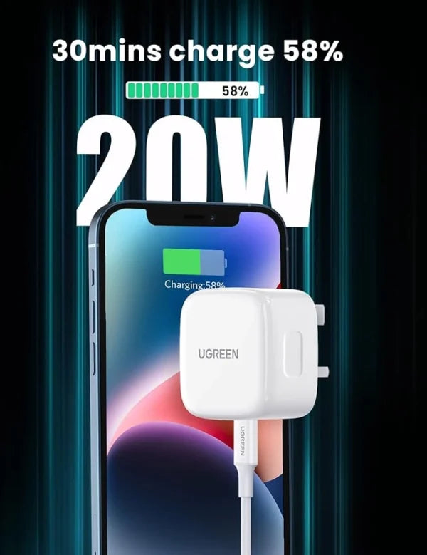 UGREEN 20W Type-C PD Fast Charger + MFI Certified Type-C to Lightning 1m Cable set