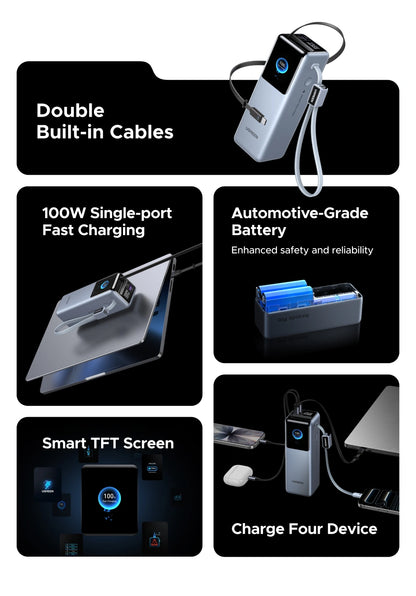 GREEN 25000mAh – 200W Nexode Pro Power Bank with 35cm Braided Cable + 65cm Retractable Cable – PB728 – 75702B
