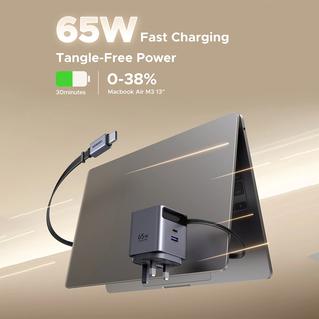 UGREEN 65W Nexode Pro GaN (USB-A*1 + Type-C*1) Fast Charger with Retractable Cable – X615 – 65826