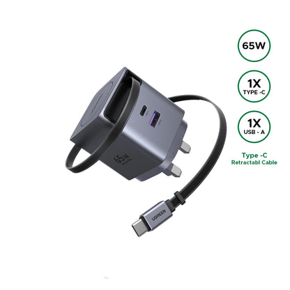 UGREEN 65W Nexode Pro GaN (USB-A*1 + Type-C*1) Fast Charger with Retractable Cable – X615 – 65826