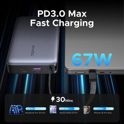 UGREEN 20000mAh 67W Power Bank with Built-in Type – C Cable – PB550 - 55996B