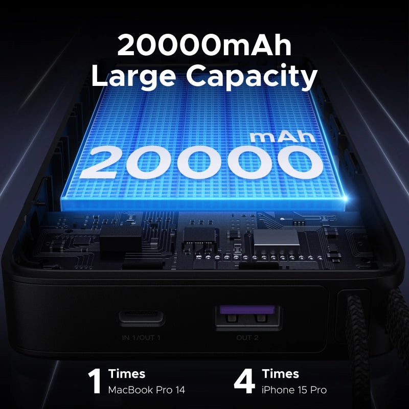 UGREEN 20000mAh 67W Power Bank with Built-in Type – C Cable – PB550 - 55996B