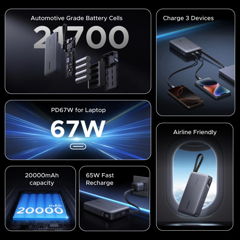 UGREEN 20000mAh 67W Power Bank with Built-in Type – C Cable – PB550 - 55996B