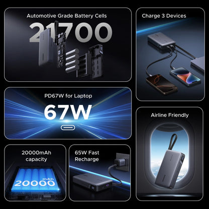 UGREEN 20000mAh 67W Power Bank with Built-in Type – C Cable – PB550 - 55996B