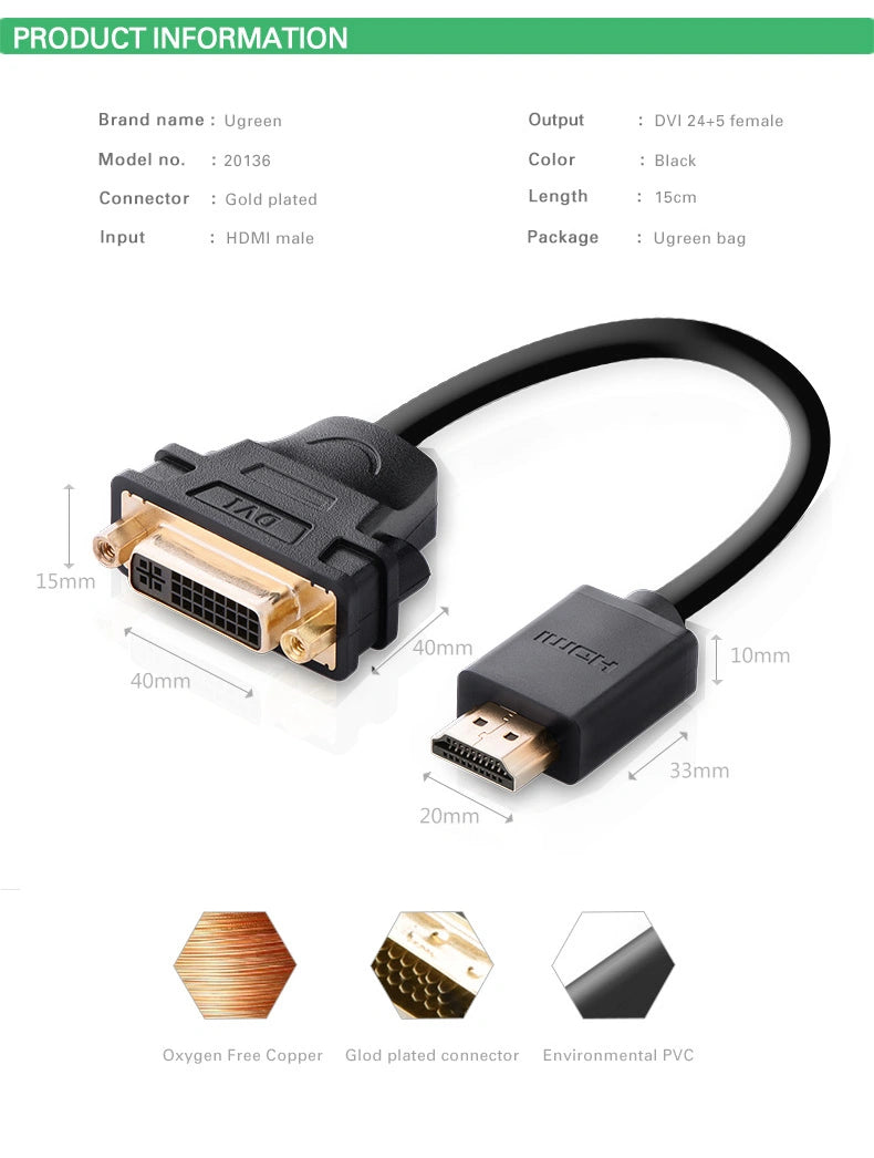 UGREEN HDMI Male to DVI Female Adapter Cable 22cm – 20136  – 20136