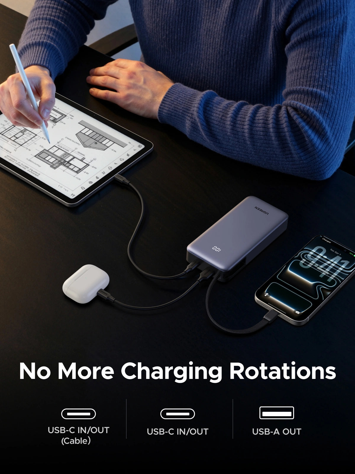 UGREEN Nexode 20000mAh 55W Fast Charging Power Bank with Built-in USB-C Cable – PB537 – 95178B