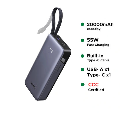 UGREEN Nexode 20000mAh 55W Fast Charging Power Bank with Built-in USB-C Cable – PB537 – 95178B