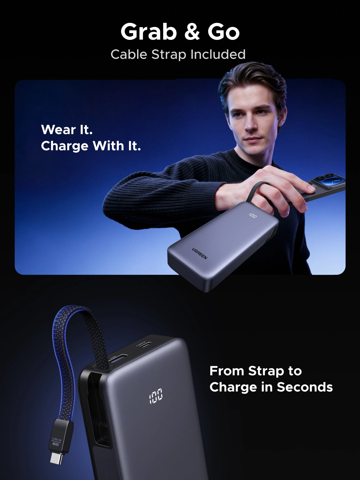 UGREEN Nexode 20000mAh 55W Fast Charging Power Bank with Built-in USB-C Cable – PB537 – 95178B
