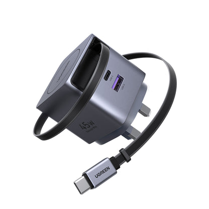 UGREEN 45W Nexode Pro GaN (USB-A*1 + Type-C*1) Fast Charger with Retractable Cable – X614 - 65823