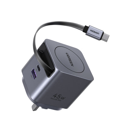 UGREEN 45W Nexode Pro GaN (USB-A*1 + Type-C*1) Fast Charger with Retractable Cable – X614 - 65823