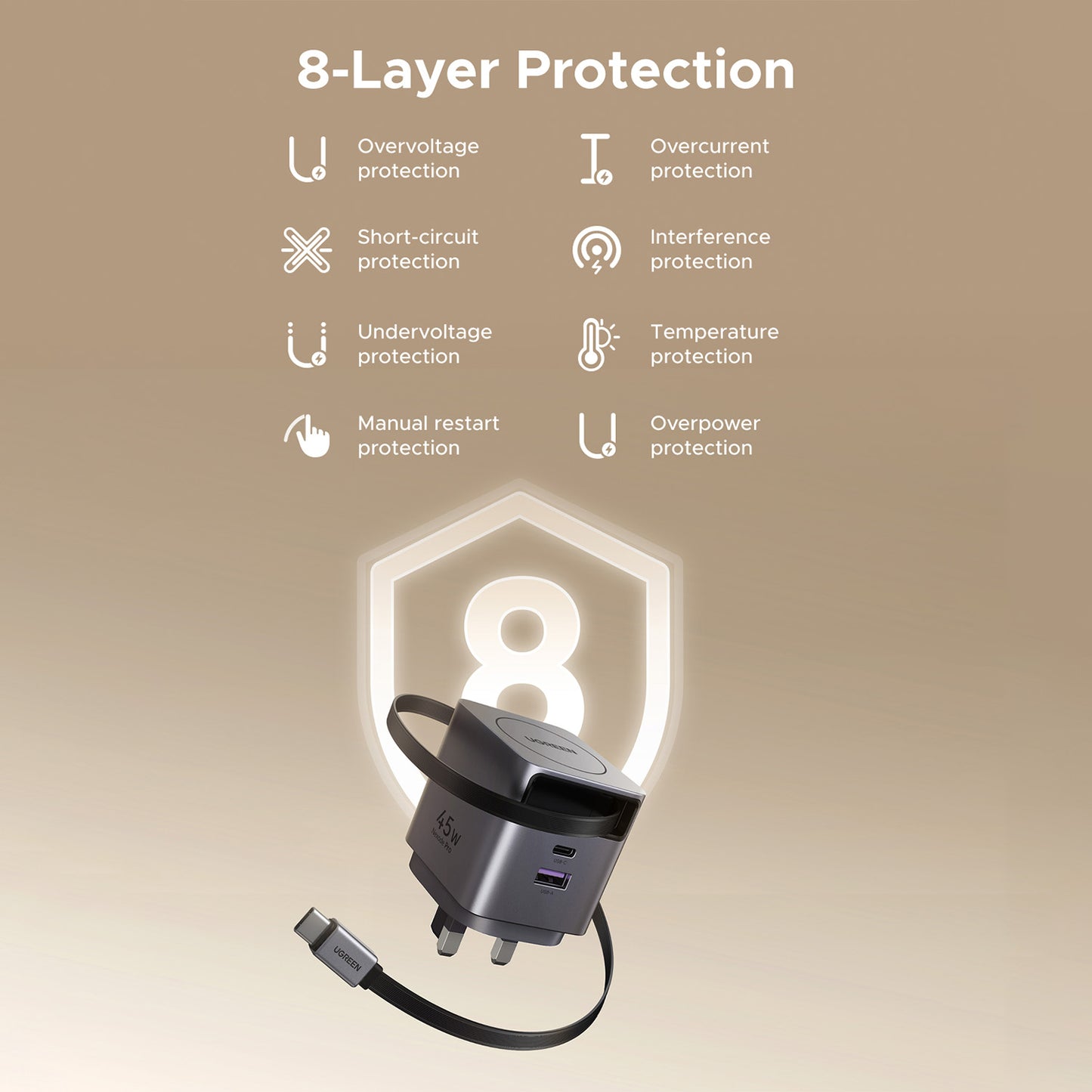 UGREEN 45W Nexode Pro GaN (USB-A*1 + Type-C*1) Fast Charger with Retractable Cable – X614 - 65823