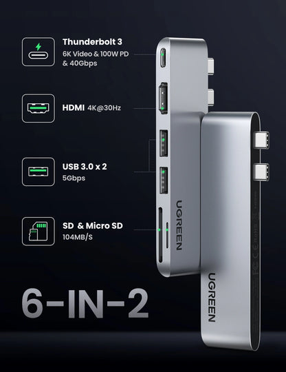 UGREEN 6 – in – 2 Thunderbolt Dual Port Type-C Multifunction Adapter (Macbook Air/Pro) – CM380 – 80856
