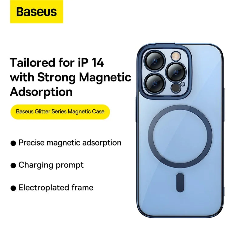 Baseus iPhone 14 Pro Glitter Series Magnetic Case (Pack of 1 with Full Coverage Tempered Glass Screen Protector and Cleaning kit), Blue -ARMC010503