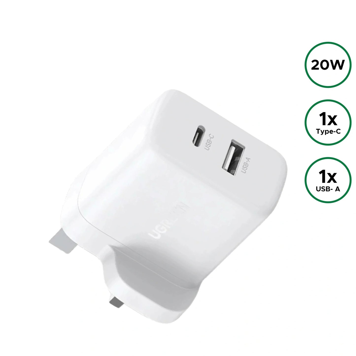 UGREEN 20W Type-C + USB A Port Fast Charger UK Pin (White) – X227 – 45315