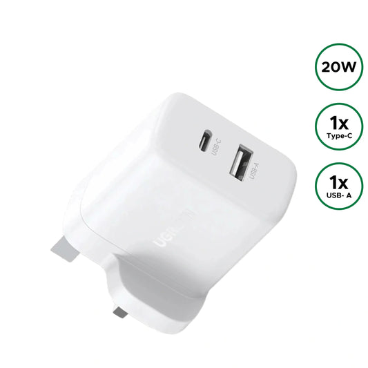 UGREEN 20W Type-C + USB A Port Fast Charger UK Pin (White) – X227 – 45315