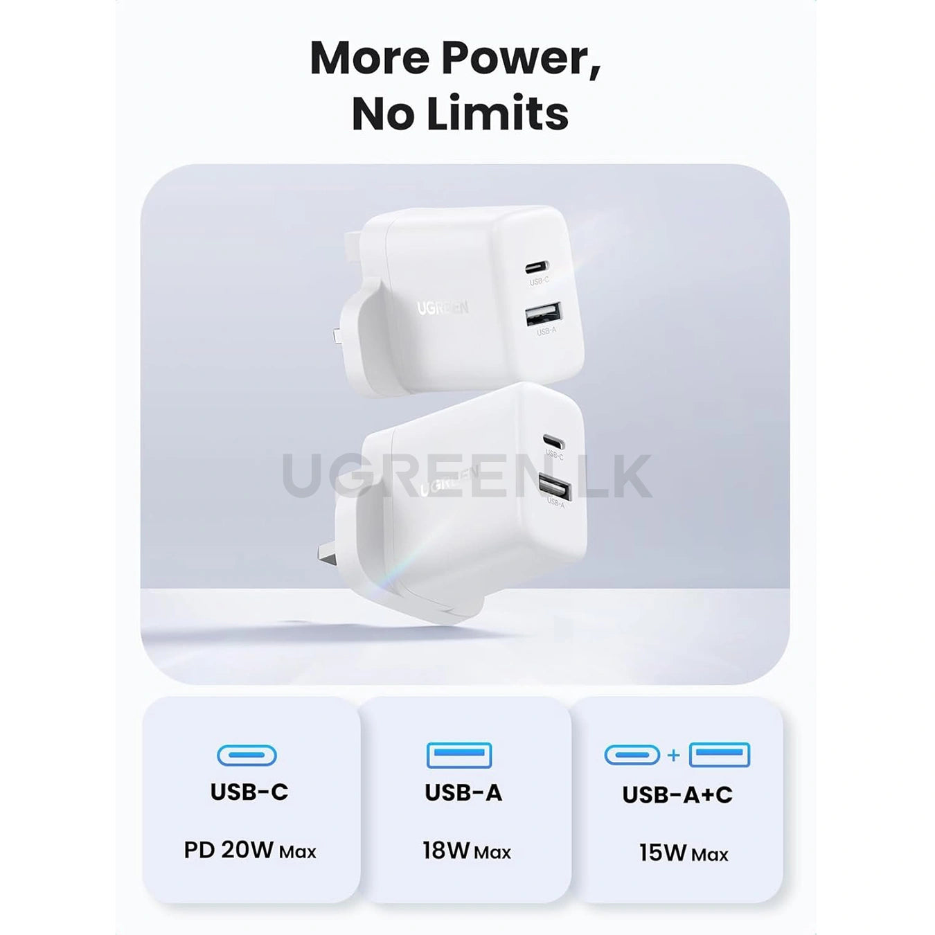 UGREEN 20W Type-C + USB A Port Fast Charger UK Pin (White) – X227 – 45315