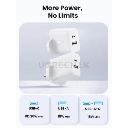 UGREEN 20W Type-C + USB A Port Fast Charger UK Pin (White) – X227 – 45315