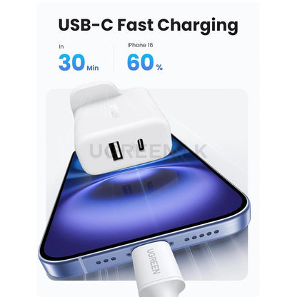 UGREEN 20W Type-C + USB A Port Fast Charger UK Pin (White) – X227 – 45315